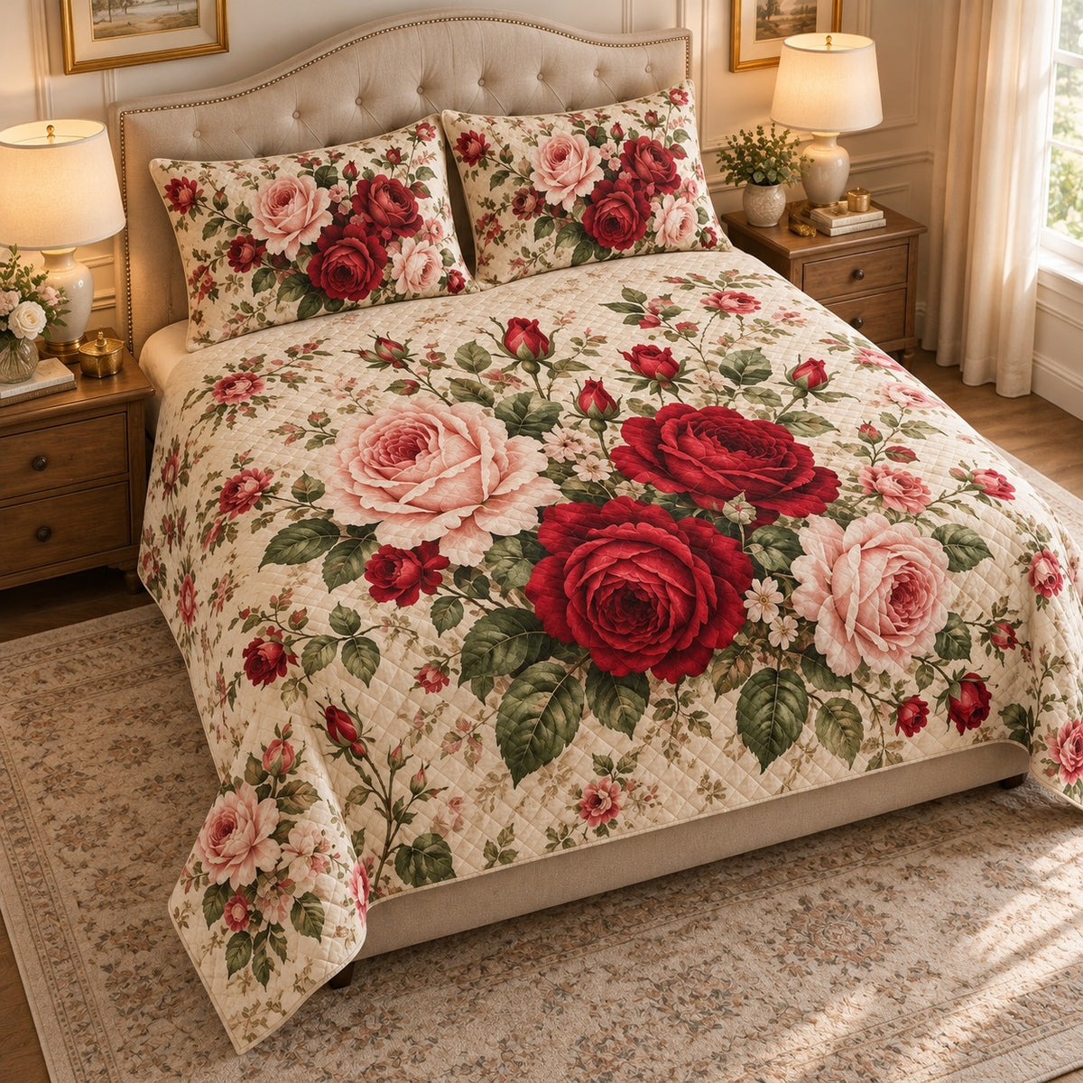 Vintage Rose Garden Quilt Set mockup 2