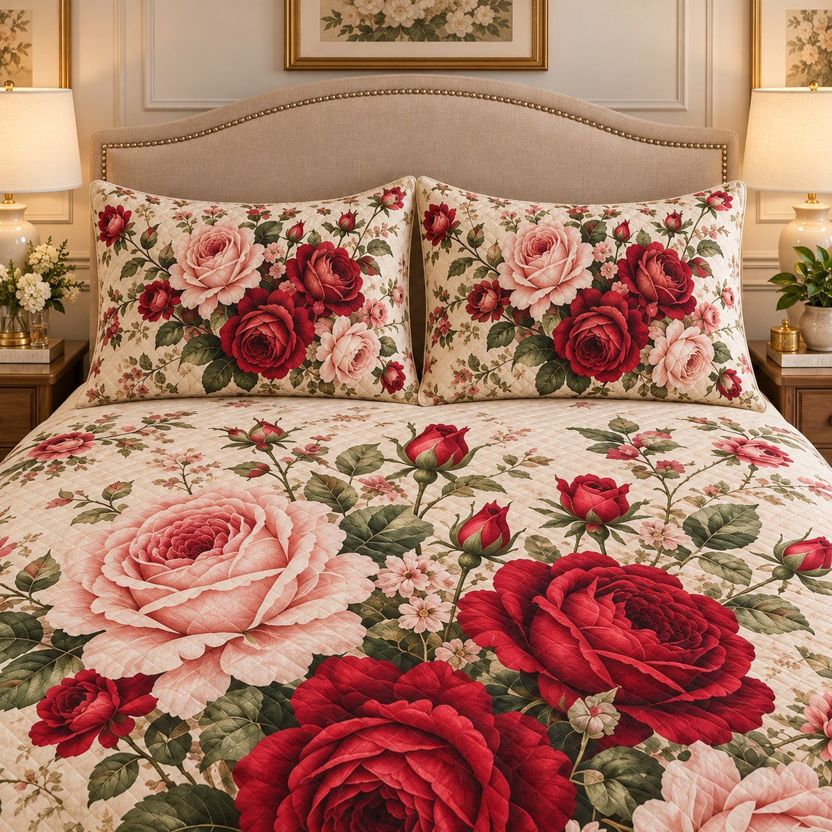 Vintage Rose Garden Quilt Set mockup 3