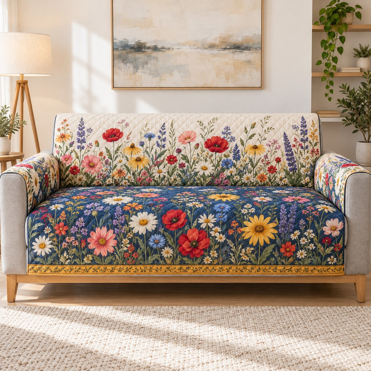 Colorful wildflower meadow quilted sofa cover on a couch, AI-generated product mockup