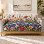 Colorful wildflower meadow quilted sofa cover on a couch, AI-generated product mockup