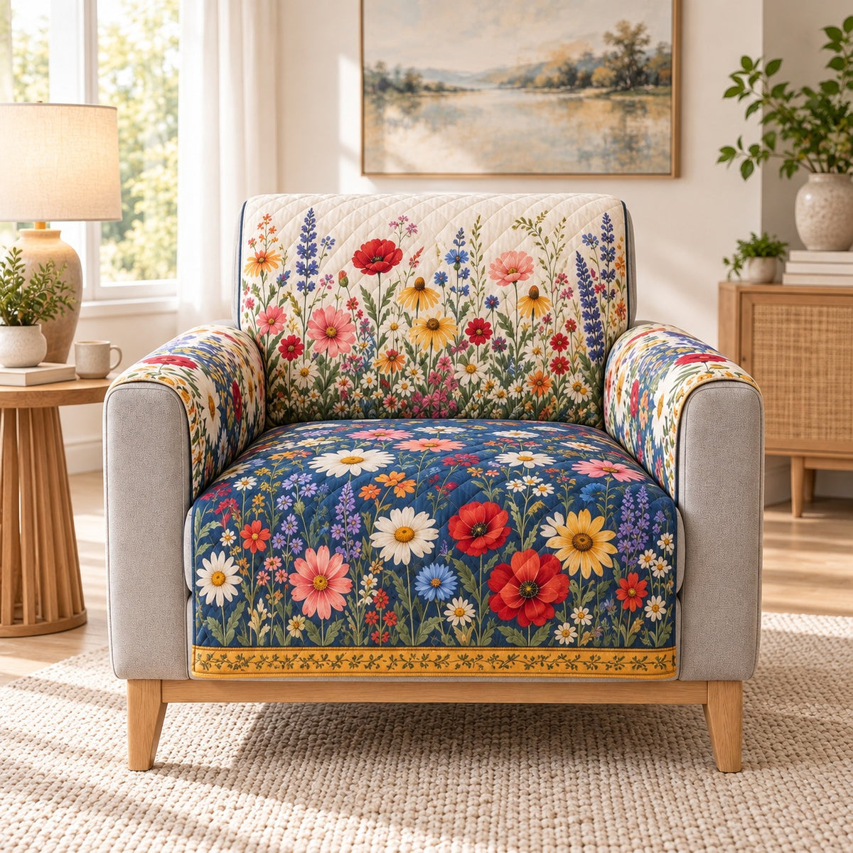 Poppies daisies and lavender wildflower quilted sofa cover on an armchair, AI-generated product mockup
