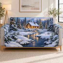 Winter Cabin Sofa Cover, Snowy Forest Creek Couch Protector Holiday Gift