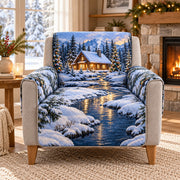 Cozy winter cabin creek quilted sofa cover on an armchair, AI-generated product mockup