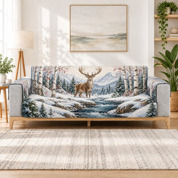 Winter Deer Sofa Cover, Snowy Mountain Creek Couch Protector Wildlife Gift