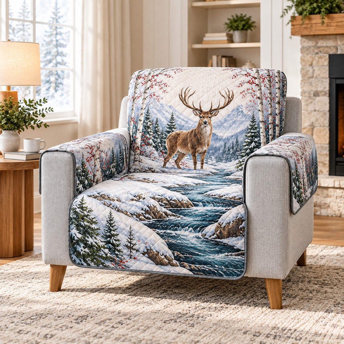 Winter deer by snowy mountain stream quilted sofa cover on an armchair, AI-generated product mockup