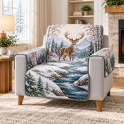 Winter deer by snowy mountain stream quilted sofa cover on an armchair, AI-generated product mockup