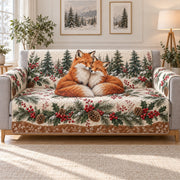 Fox couple in evergreen winter forest quilted sofa cover on a couch, AI-generated product mockup