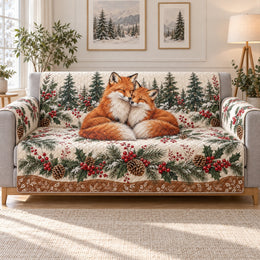 Winter Fox Couple Sofa Cover, Evergreen Forest Couch Protector Wildlife Gift