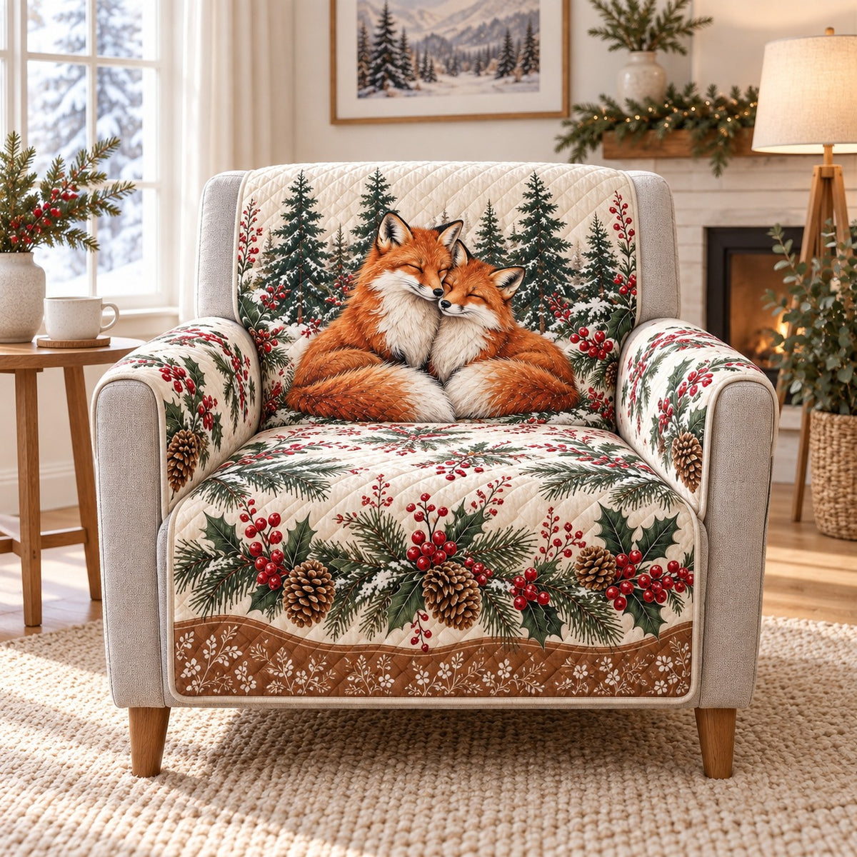 Fox couple in evergreen winter forest quilted sofa cover on an armchair, AI-generated product mockup
