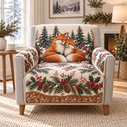 Fox couple in evergreen winter forest quilted sofa cover on an armchair, AI-generated product mockup