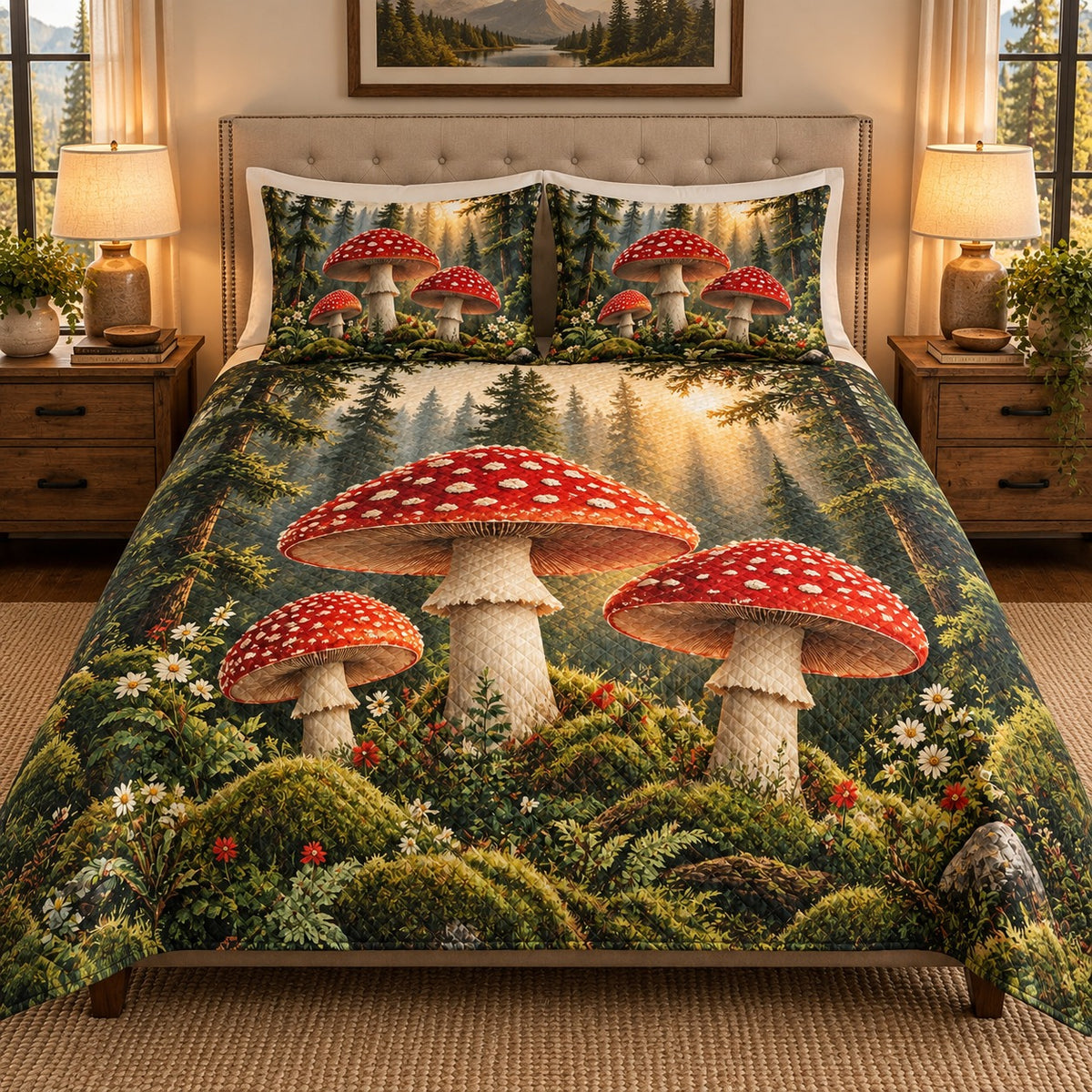 Woodland Red Mushroom Quilt Set mockup 2