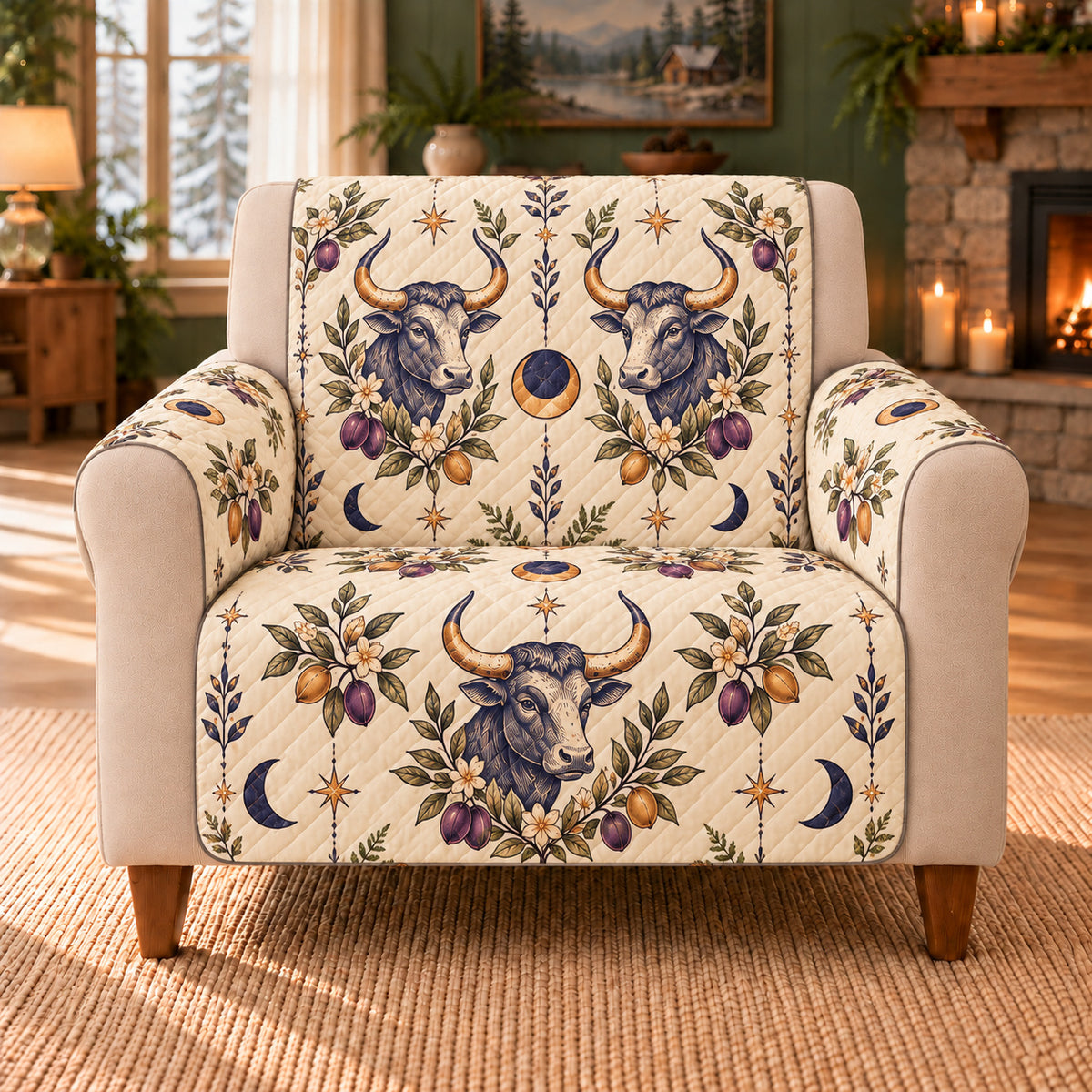 Taurus Orchard Sprigs sofa cover on a beige armchair