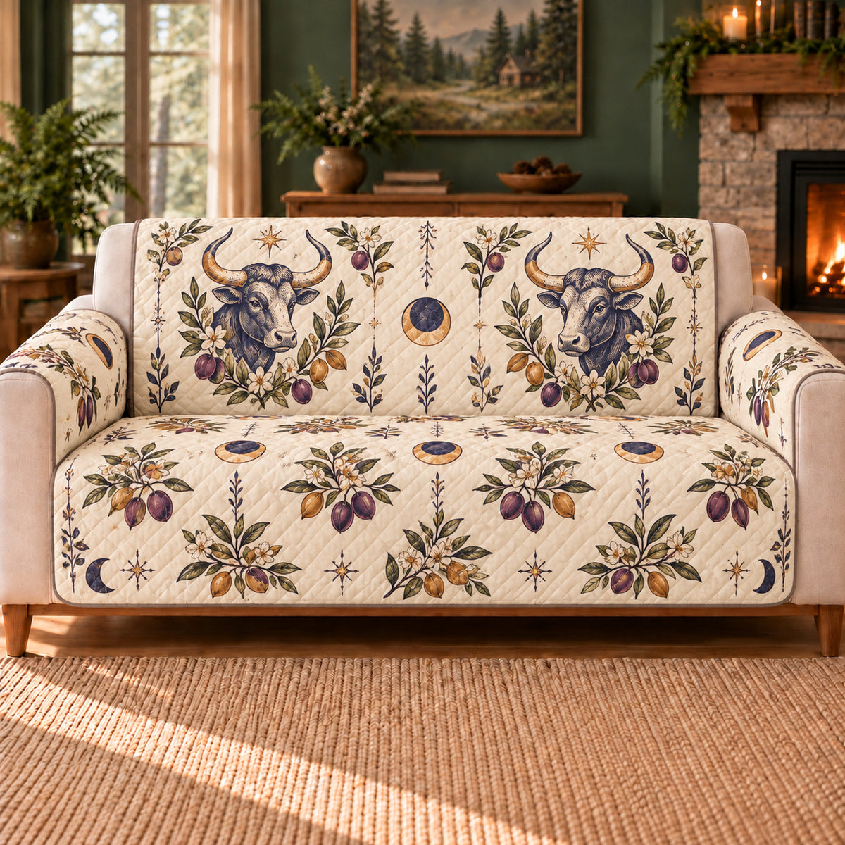 Taurus Orchard Sprigs sofa cover on a beige sofa