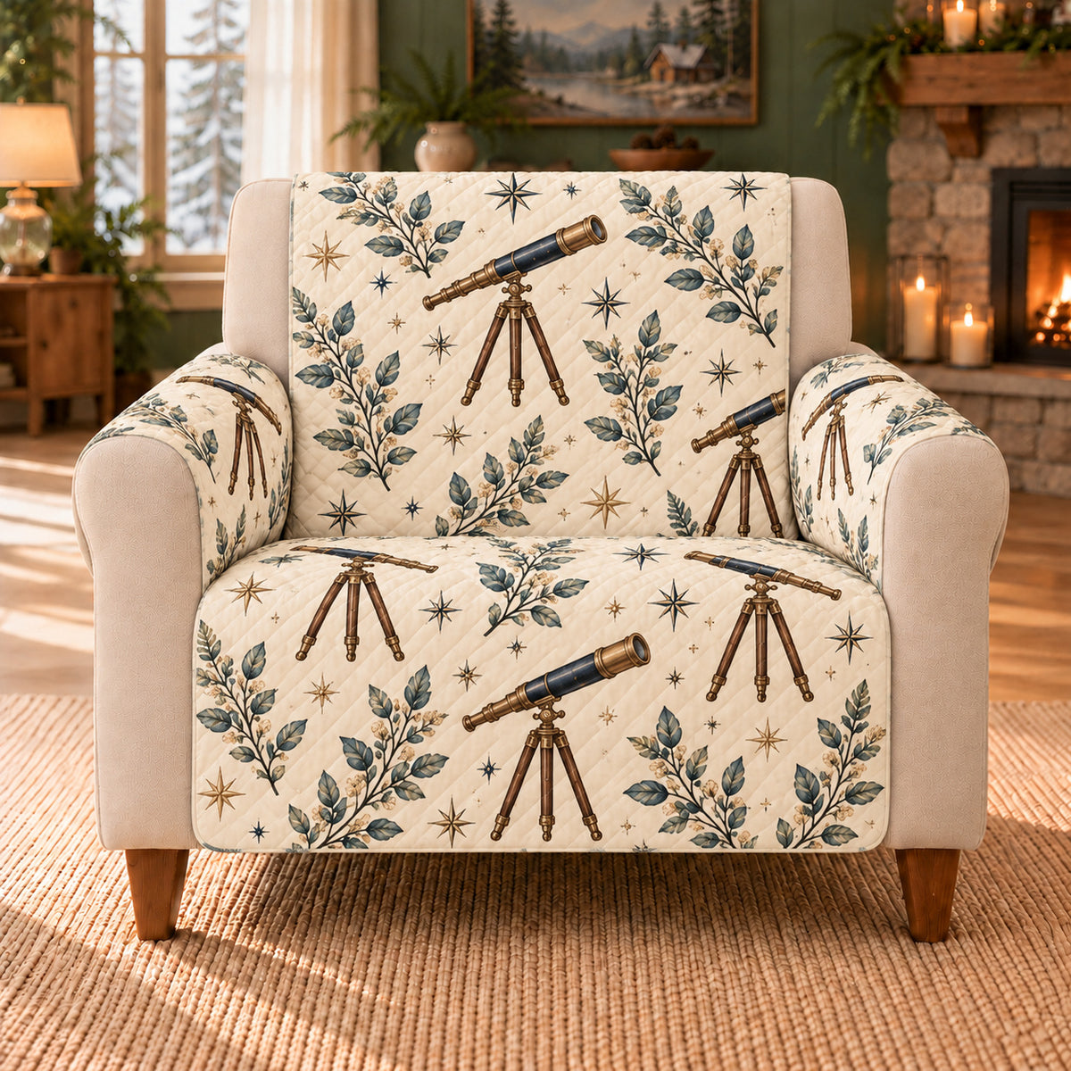 Telescope Botanical Sprigs sofa cover on a beige armchair