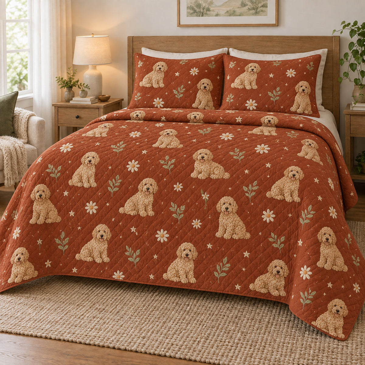 Terracotta Crochet Doodle Goldendoodle Starry Garden Quilt Set, front goldendoodle starry garden bedroom view