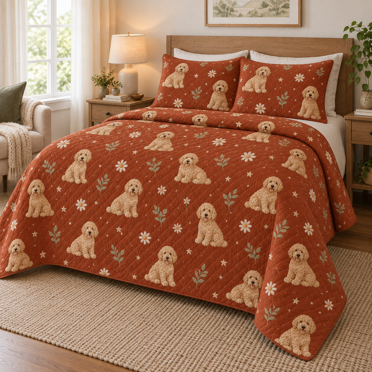 Terracotta Crochet Doodle Goldendoodle Starry Garden Quilt Set, angled goldendoodle starry garden bedroom view