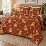 Terracotta Crochet Doodle Goldendoodle Starry Garden Quilt Set, angled goldendoodle starry garden bedroom view