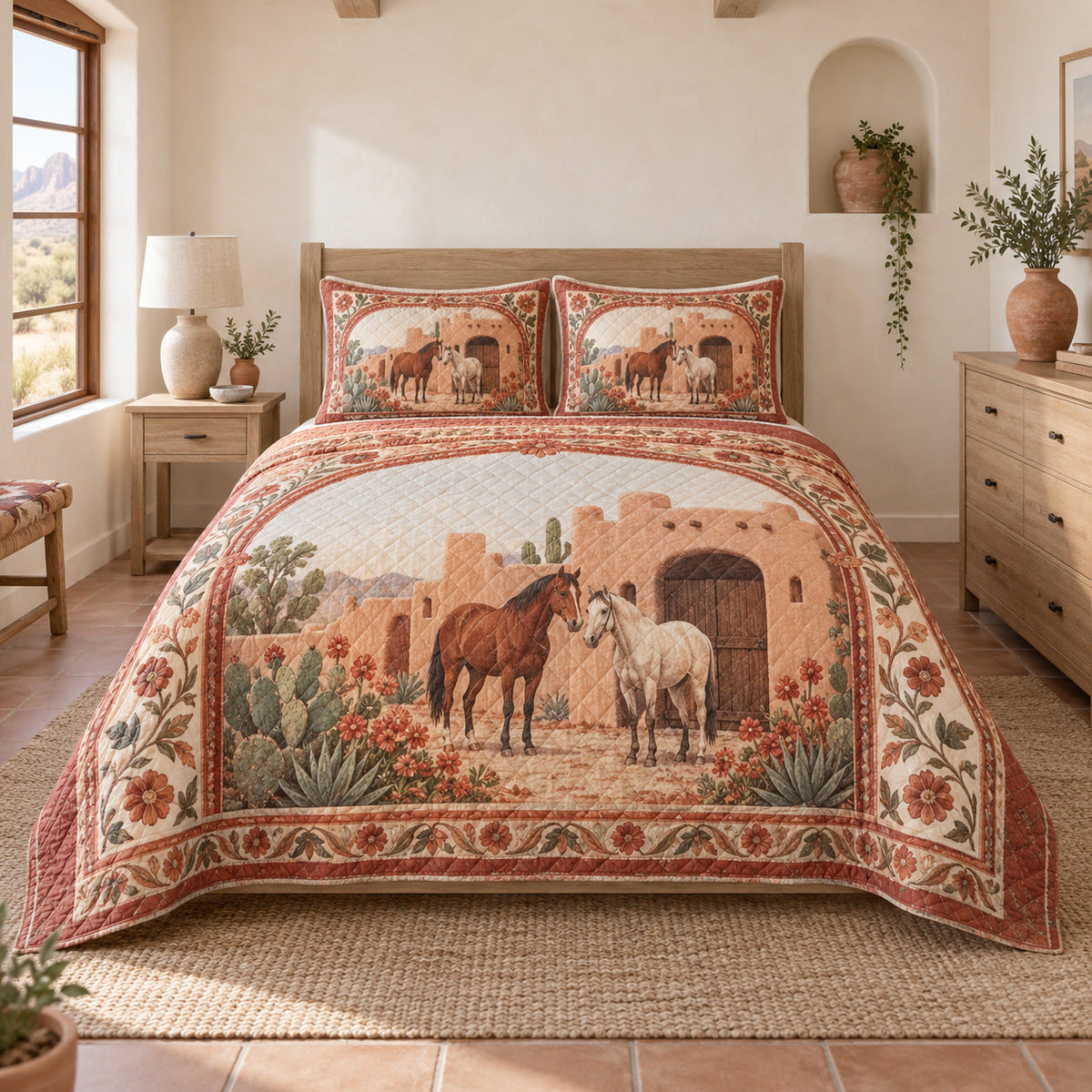 Terracotta Stable Horse Western Ranch Quilt Set, front horse western ranch bedroom view