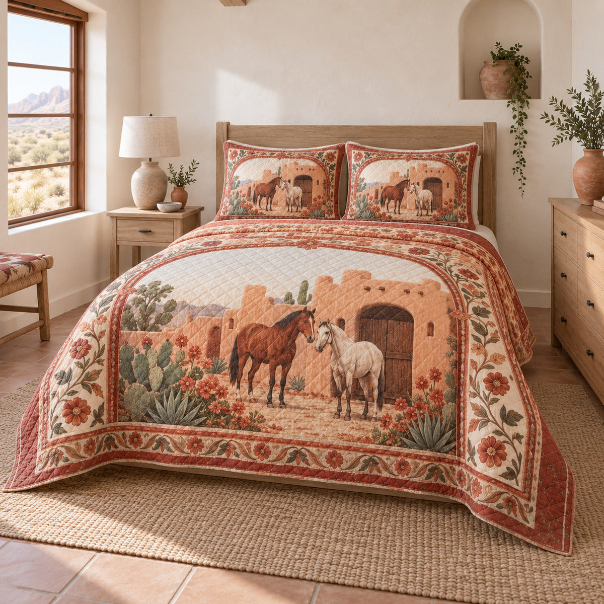 Terracotta Stable Horse Western Ranch Quilt Set, angled horse western ranch bedroom view