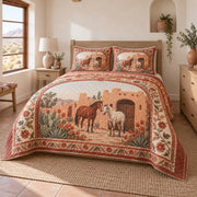 Terracotta Stable Horse Western Ranch Quilt Set, angled horse western ranch bedroom view