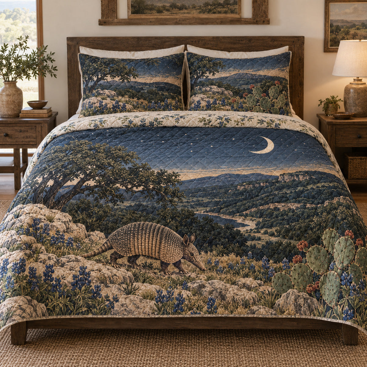 Texas armadillo Hill Country quilt set front view with diamond quilting