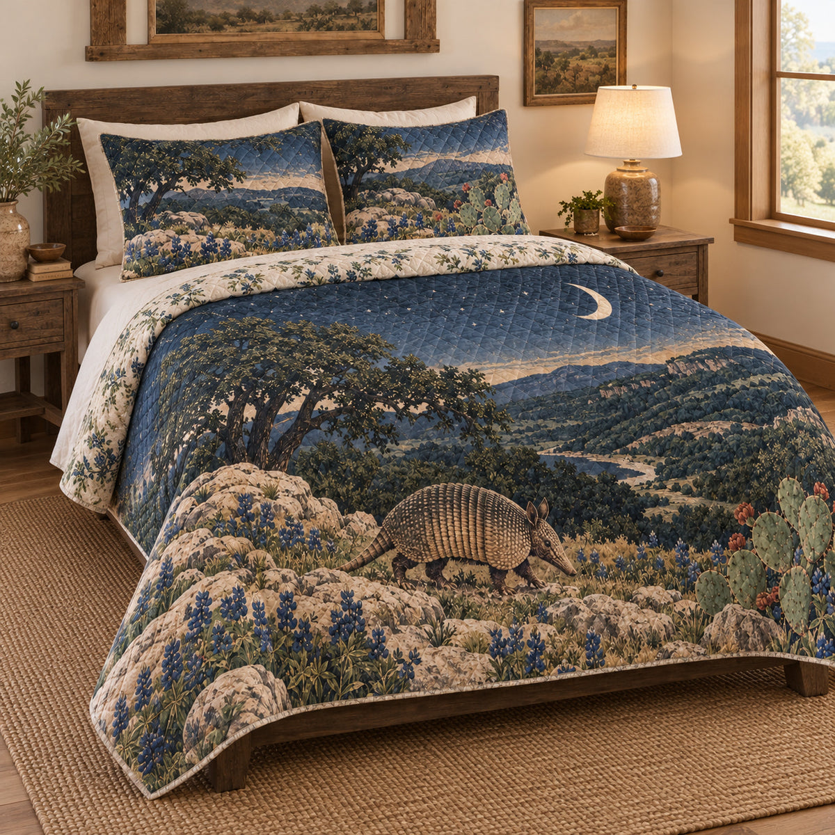 Texas armadillo Hill Country quilt set left view with diamond quilting