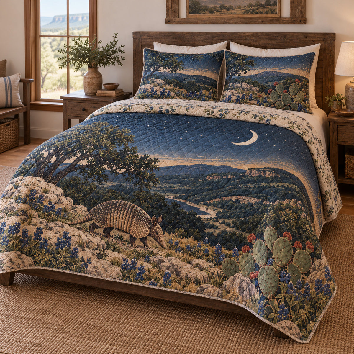 Texas armadillo Hill Country quilt set right view with diamond quilting