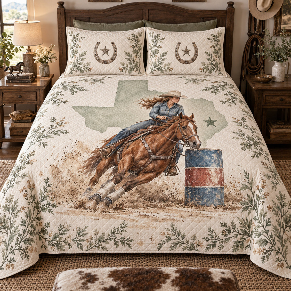 Texas barrel racing quilt set, front view