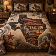 Texas BBQ brisket quilt set, front view on fully spread bed