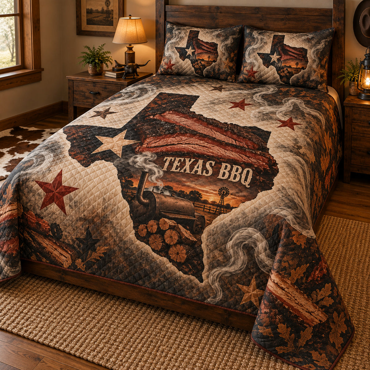 Texas BBQ brisket quilt set, right angled view