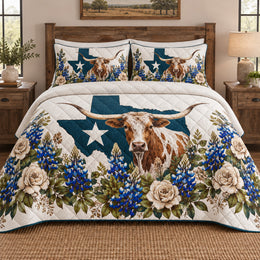 Texas Bluebonnet Cattle Quilt Set | Western Bedding Gift for Cow Lovers