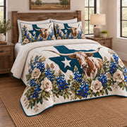 Texas bluebonnet cattle quilt set left view with visible diamond quilting