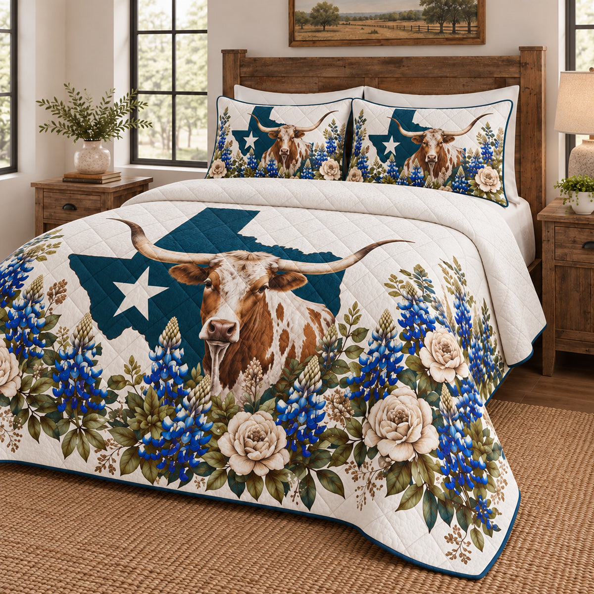 Texas bluebonnet cattle quilt set right view with visible diamond quilting