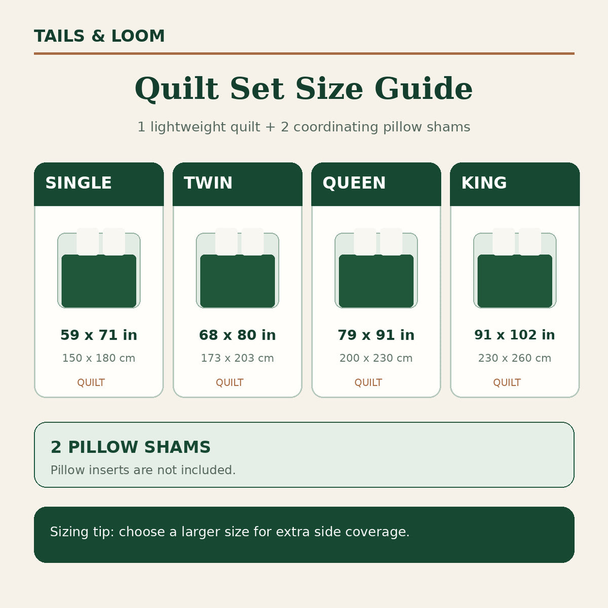 Quilt set size chart for Single, Twin, Queen and King
