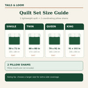 Quilt set size chart for Single, Twin, Queen and King