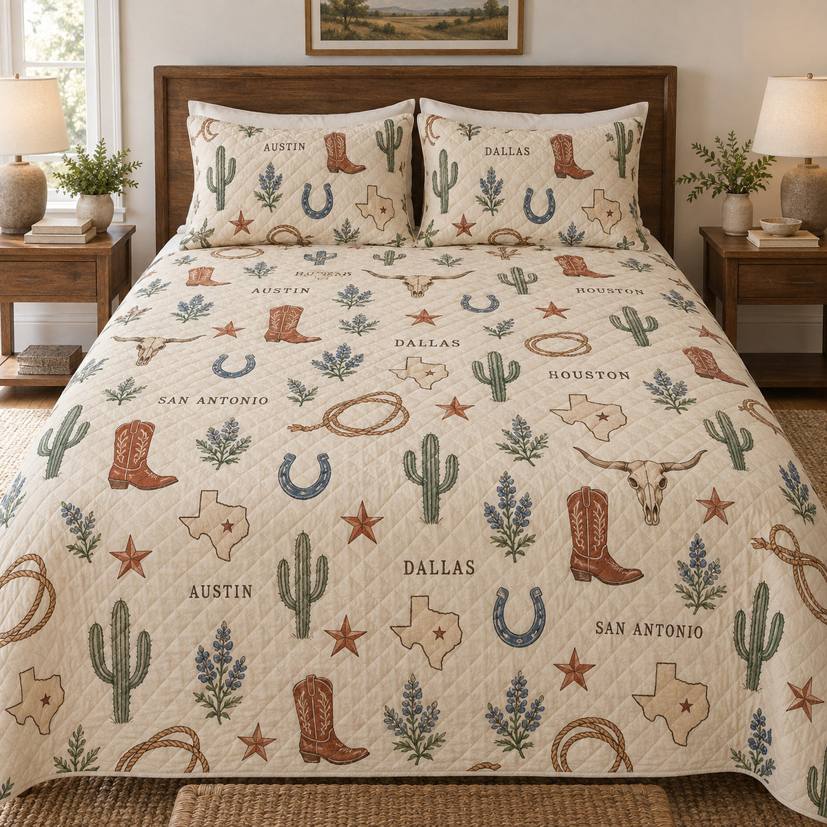 Texas cities western icons quilt set front view with diamond stitching