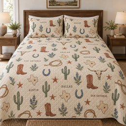 Texas Cities Western Icons Quilt Set | Bedding Gift for Texas Lovers