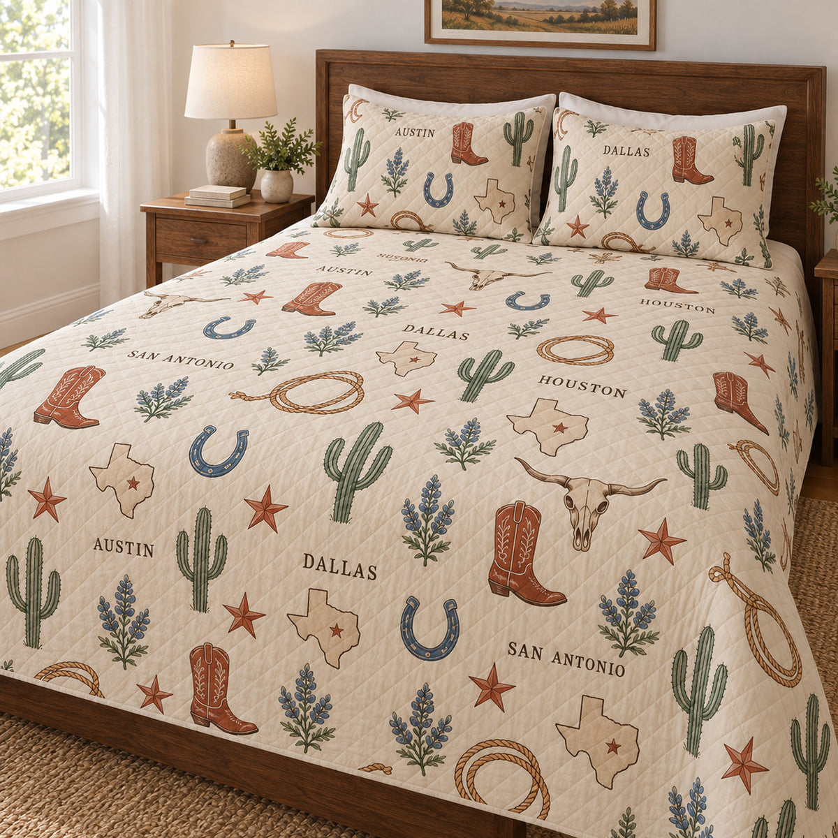 Texas cities western icons quilt set left angle