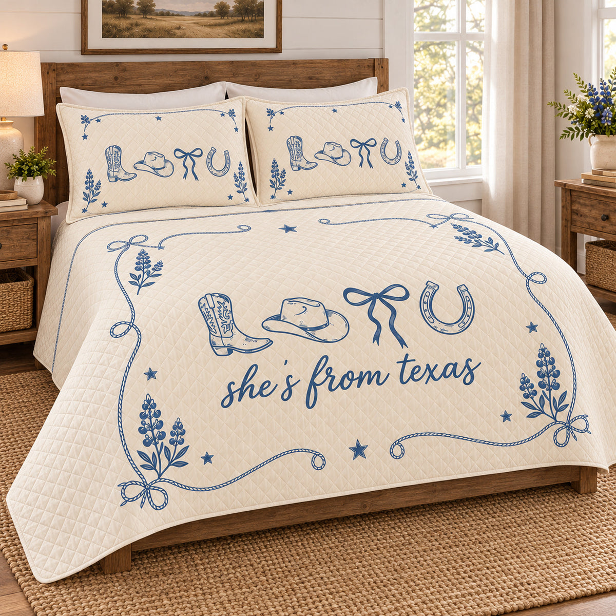 Right angle of fully unfolded Texas cowgirl quilt with upper border and diamond stitching