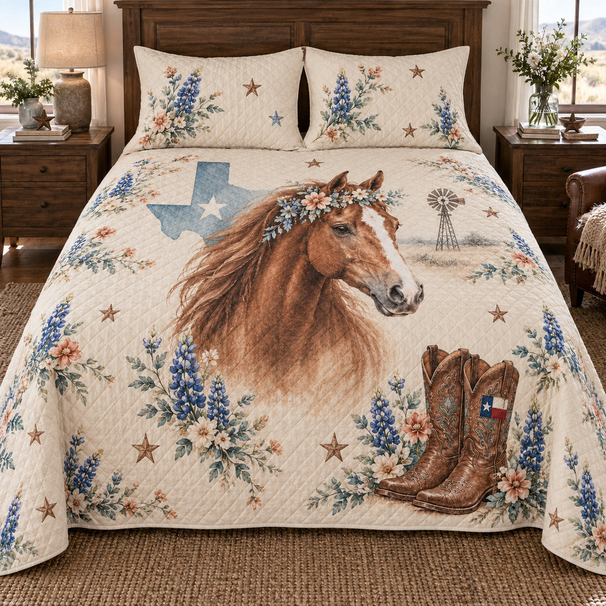 Texas floral horse quilt set front view with Texas state silhouette, bluebonnets and cowboy boots