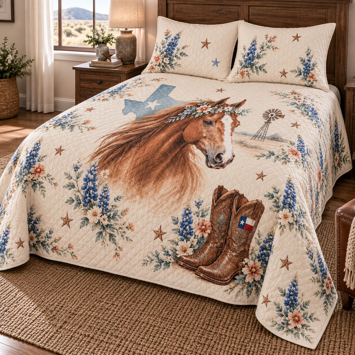 Texas floral horse quilt set right view with Texas flag cowboy boots