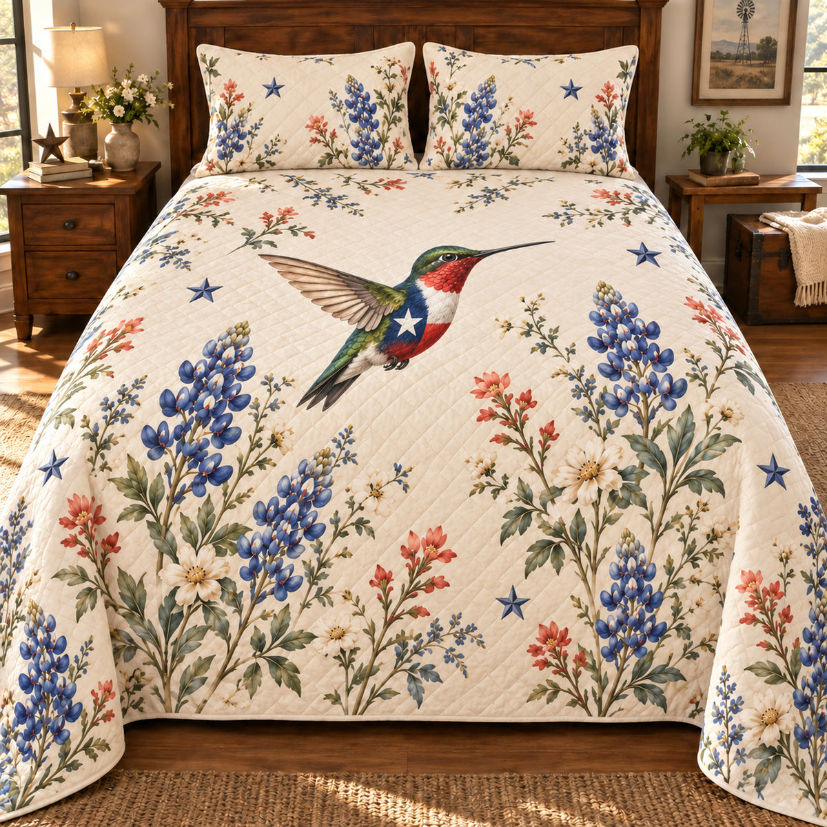 Texas hummingbird with Texas flag body and airy bluebonnet quilt front view