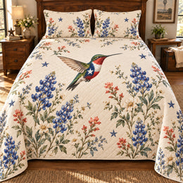 Texas Hummingbird Bluebonnet Quilt Set | Floral Bedding Gift for Bird Lovers