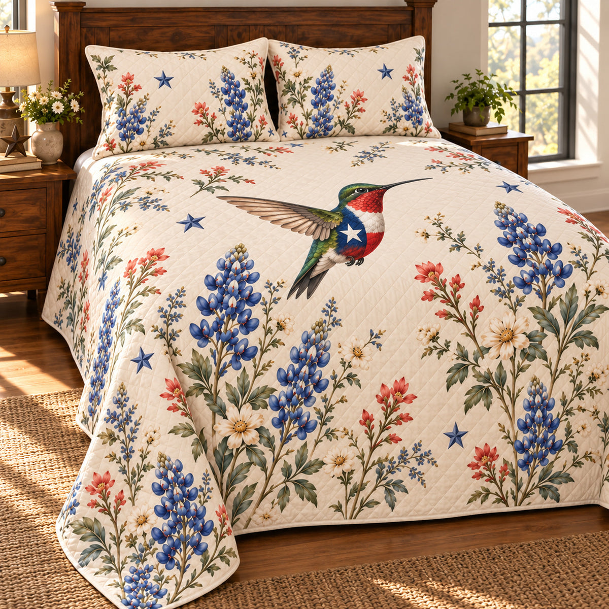Texas flag hummingbird and airy bluebonnet quilt left angle