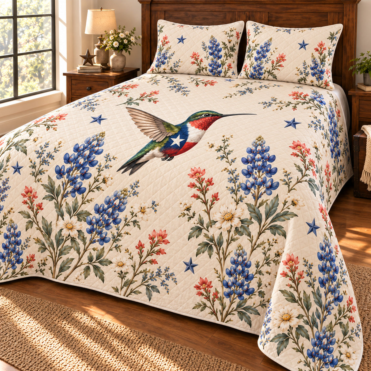 Texas flag hummingbird and airy bluebonnet quilt right angle