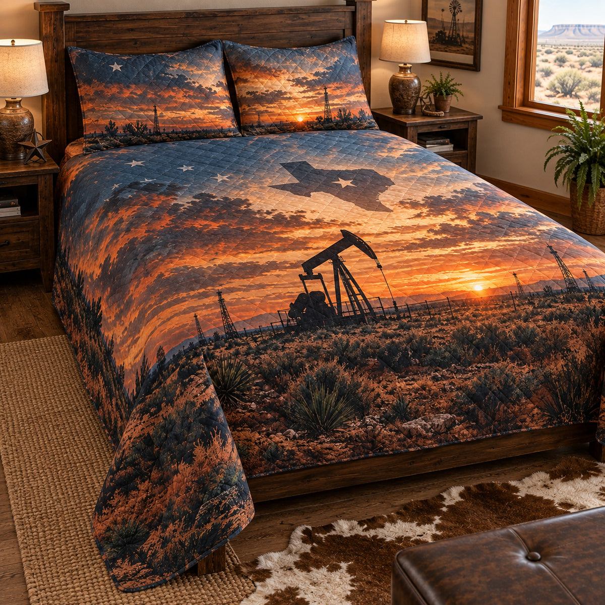 Texas oilfield sunset quilt set left angle with seamless desert landscape