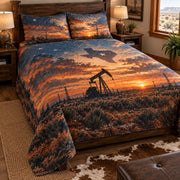 Texas oilfield sunset quilt set left angle with seamless desert landscape