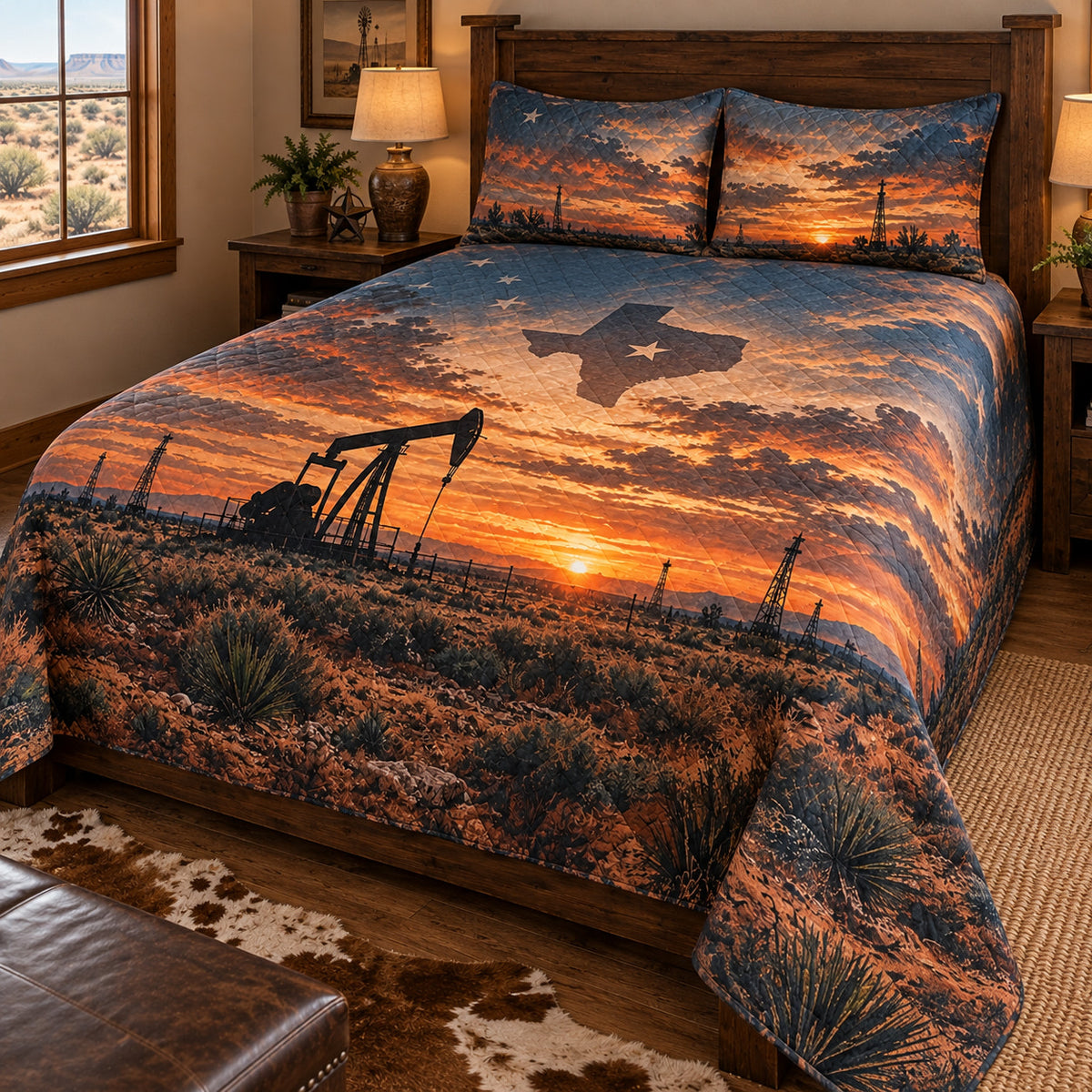 Texas oilfield sunset quilt set right angle with printed side drape