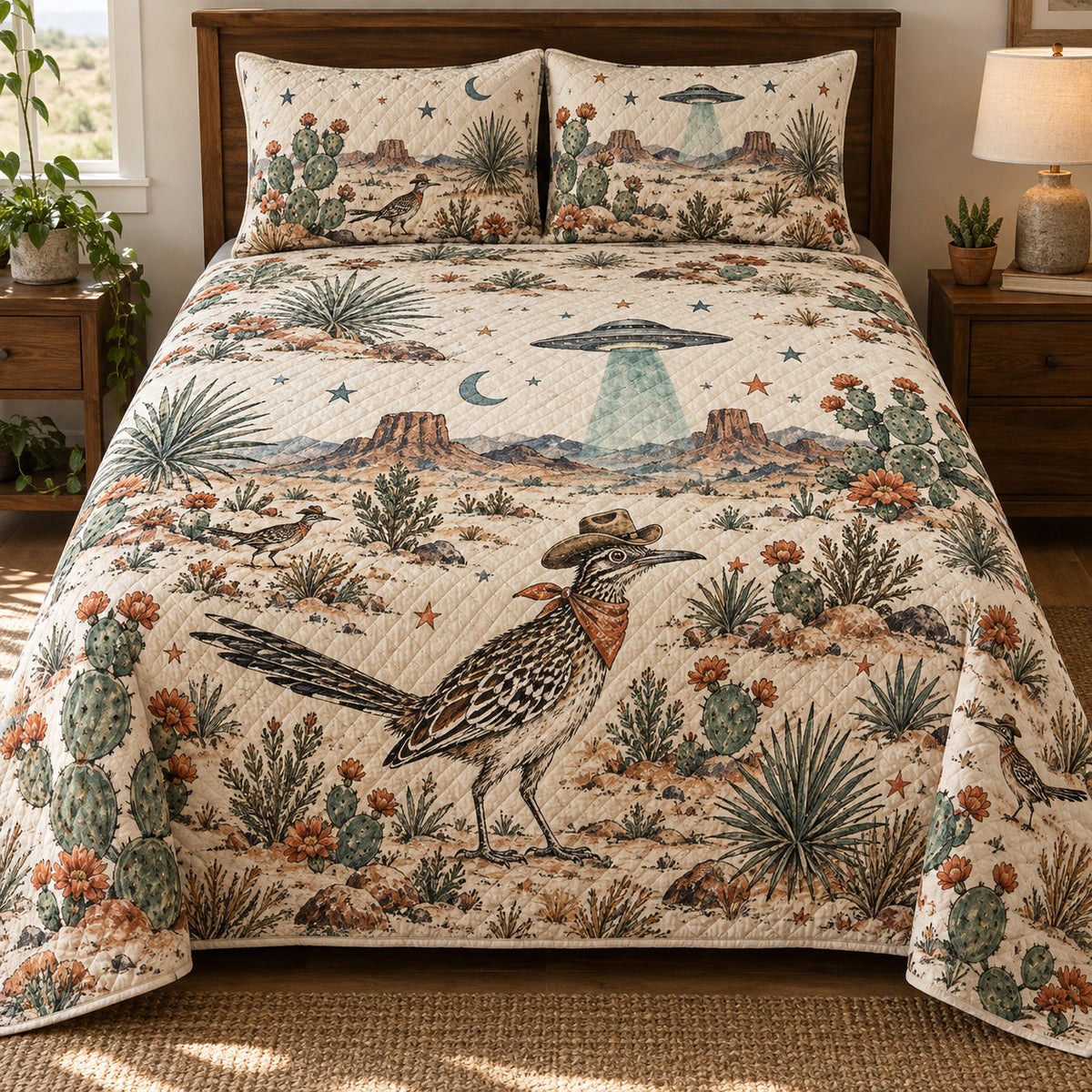 Texas Roadrunner UFO quilt set front view, seamless desert print across quilt and side drapes