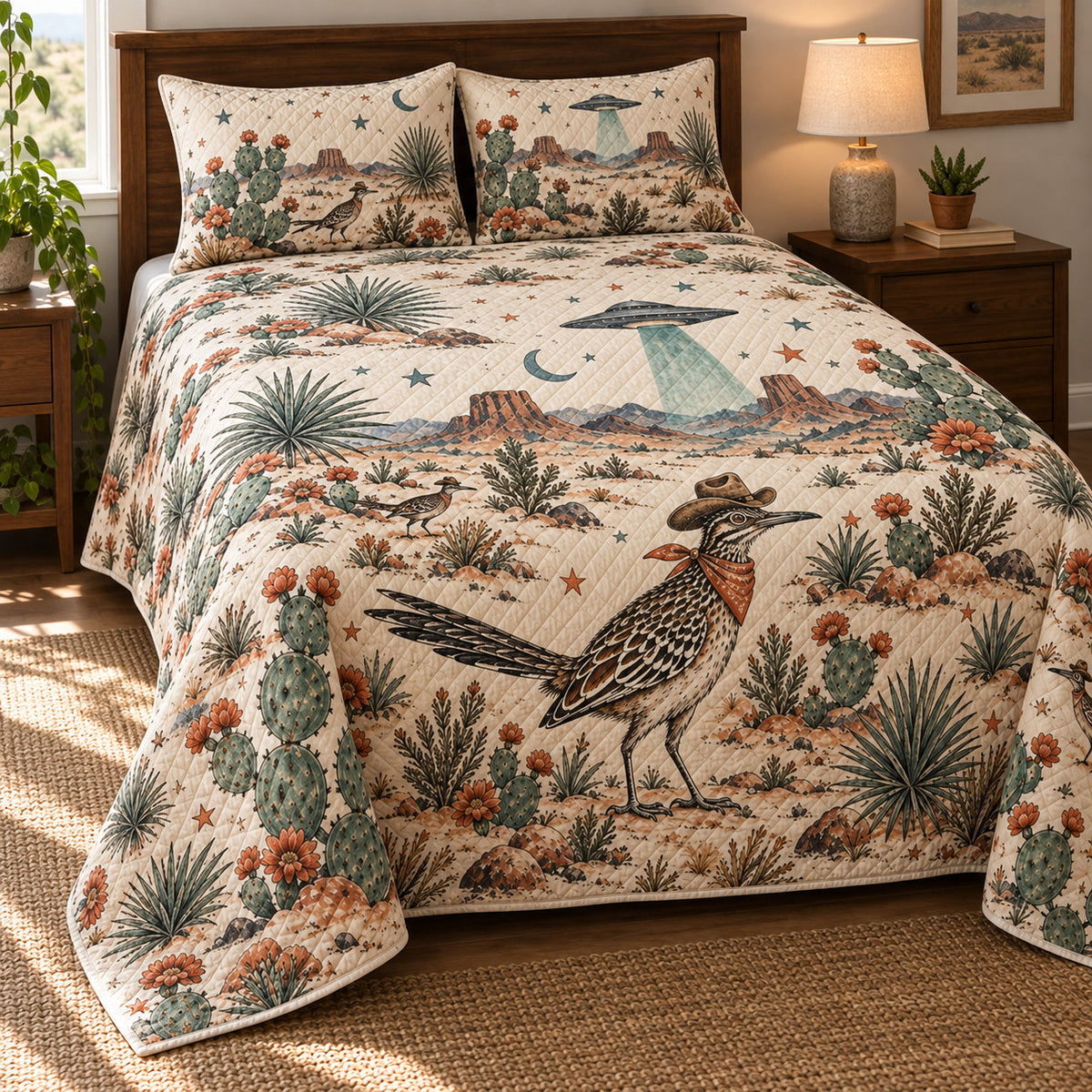 Texas Roadrunner UFO quilt set left view, organic desert print on side drape